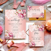 バラ金ゴールド水色フローラ結婚式RSVPカード エンクロージャーカード