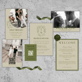 Elegant Sage Green Crest Monogram Wedding 招待状