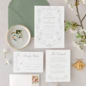 Elegant Sage Green Ornate Floral QR Code Wedding 出欠カード