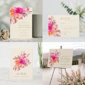 Elegant Hot Pink Floral Custom Names Wedding Flat サンキューカード