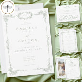 Elegant Vintage Baroque Sage Green Wedding 出欠カード