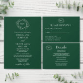 Emerald Green Monogram Crest Wedding Invitation 招待状 (この独立クリエイターのコレクションをカスタマイズ。)