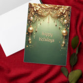 ゴールドオーナメントの華やかなグリーンホリデーパーティー 招待状 (この独立クリエイターのコレクションをカスタマイズ。)