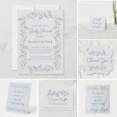 Elegant Blue Spring Floral Vines Baby Shower 招待状