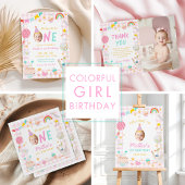 Colorful Gingham Girl 1st Birthday サンキューカード