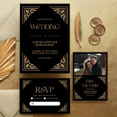 Modern Deco | Black and Gold Wedding QR Code 出欠カード