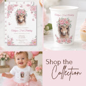 ピンクの花と可愛い馬の1歳の誕生日 スタンダードカクテルナプキン