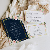 ネイビー&赤面ピンクフローラウェディングレセプションカード 出欠カード