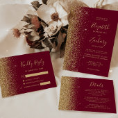Burgundy Red Gold Glitter QR Code Wedding 招待状