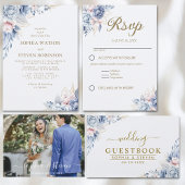 Elegant Sapphire & Ivory Floral Wedding Invite 招待状ベリーバンド