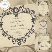 Gothic Black Tan Parchment Filigree Heart Wedding セーブザデート