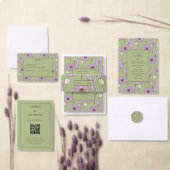 グリーン パープル レトロ Y2K ファンキー ヒッピーフラワーパターン 招待状 (この独立クリエイターのコレクションをカスタマイズ。)