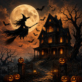 ハロウィンのおばけ屋敷の上空を飛ぶ魔女 ペーパープレート