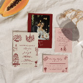 Drawn Burgundy Romantic Whimsical Photo Wedding 招待状