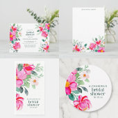 Hot Pink Yellow Watercolor Floral Bridal Shower 招待状