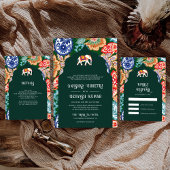 インドのフォークアート・エレファント・ウェディング・エメラルド・ゴールド 箔招待状