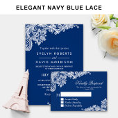 美しいネイビーブルーレース結婚式RSVP返信 出欠カード