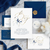 Navy Blue and Gold Bow Boy Baby Shower 招待状