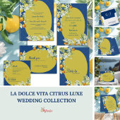 Elegant Citrus Blue Gold Floral Wedding 招待状