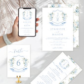 Blue Floral Crest Monogram Wedding RSVP Cards