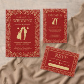 Luxury Red & Antique-Gold Wedding Program Card (この独立クリエイターのコレクションをカスタマイズ。)