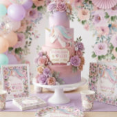 魔法のユニコーン 紫色の花 1歳の誕生日 招待状
