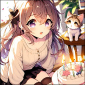 子かわいらし猫とお誕生日ケーキのアニメ女の子 スタンダードランチョンナプキン