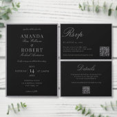 Elegant Matte Black QR Code Details Wedding エンクロージャーカード (この独立クリエイターのコレクションをカスタマイズ。)