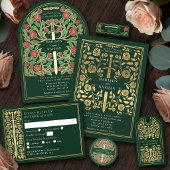 Gold Green Medieval Sword Wedding RSVP