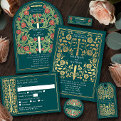 Silver Teal Royal Medieval Floral Sword Wedding  ペーパープレート