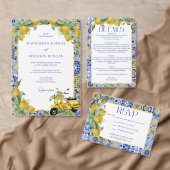 Elegant Gold Arch Italian Blue Tile Lemons Wedding 招待状 (この独立クリエイターのコレクションをカスタマイズ。)
