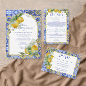 ブルーエレガントイタリアンタイルレモンのシトラス結婚ス エンクロージャーカード (この独立クリエイターのコレクションをカスタマイズ。)