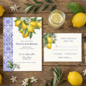 Mediterranean Blue Tile & Lemon Branch Wedding 出欠カード