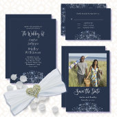 ネイビーブルーワイルドフラワーフォトQRコード日付の保存 招待状