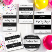 黒モダン白のストライプ誕生日 招待状