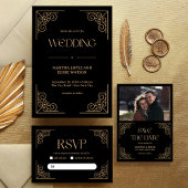 Modern Deco | Black and Gold Wedding QR Code 出欠カード
