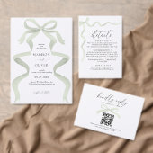 サージュモダンエレガントグリーンボウモノグラム結婚ズ 招待状 (この独立クリエイターのコレクションをカスタマイズ。)
