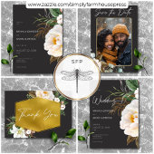 白モダンエレガント牡丹オンブラック結婚ズ 招待状