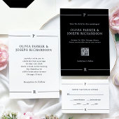 モダン線とモノグラム黒QRコードと写真 セーブザデート