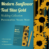 Sunflower Teal Blue Gold Modern Wedding Photo 招待状