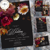 Moody Black Floral Painterly Red Burgundy Wedding 招待状