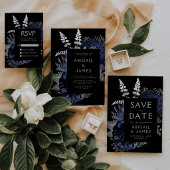 ネイビーブルーシルバーのフラワーSave the Date（結婚式招待状）