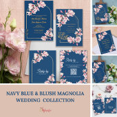 Navy Blue Pink Magnolia Elegant Floral Wedding 招待状