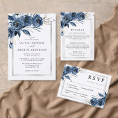 Elegant Script Navy Blue Floral Photo Wedding セーブザデート (この独立クリエイターのコレクションをカスタマイズ。)