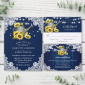 ネイビーブルーヒマワリ散水缶レース結婚ズ 招待状 (この独立クリエイターのコレクションをカスタマイズ。)