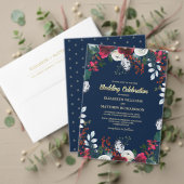 ネイビーブルーブルゴーニュ金ゴールド結婚フローラ 招待状 (この独立クリエイターのコレクションをカスタマイズ。テスト)