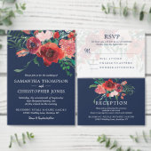 ネイビーブルーコーラルフローラ披露宴結婚のウェブサイト エンクロージャーカード (この独立クリエイターのコレクションをカスタマイズ。)