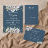 ネイビエレガントーブルーデイジーフローラジオメト結婚リ 招待状 (この独立クリエイターのコレクションをカスタマイズ。)