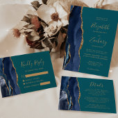 Chic Navy Blue Gold Agate Teal QR Code Wedding 招待状