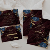 Navy Blue Gold Floral Burgundy QR Code Wedding 招待状